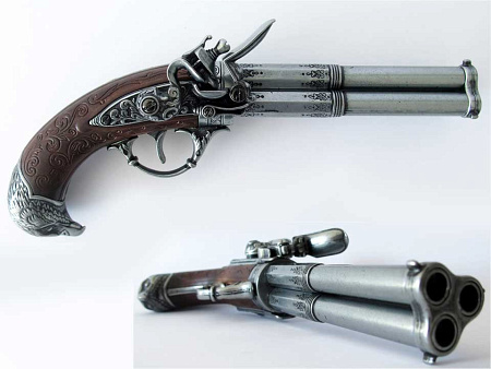 Пистолет 3-ствольный, flintlock pistol