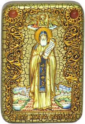 Настольная икона "Преподобный Никита Столпник, Переславский чудотворец" на мореном дубе