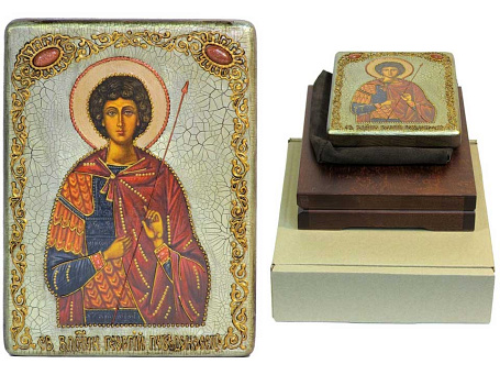 Подарочная икона "Святой Великомученик Георгий Победоносец" на мореном дубе